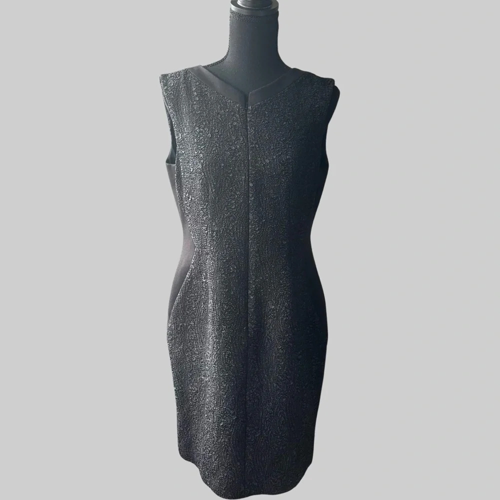 TAHARI Black Jacquard Textured Zip Up Front Sleeveless Sheath Dress